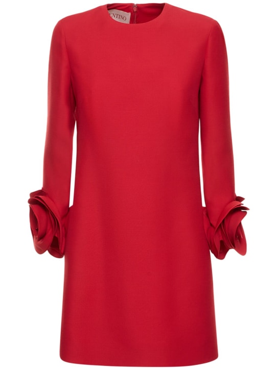 Valentino: 羊毛&真丝绉纱玫瑰装饰迷你连衣裙 - 红色 - women_0 | Luisa Via Roma