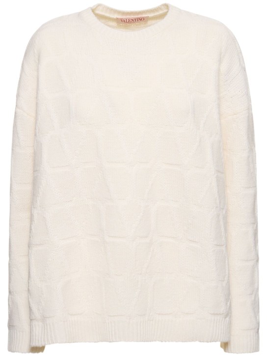 Valentino: Suéter de punto de lana con logo - Marfil - women_0 | Luisa Via Roma