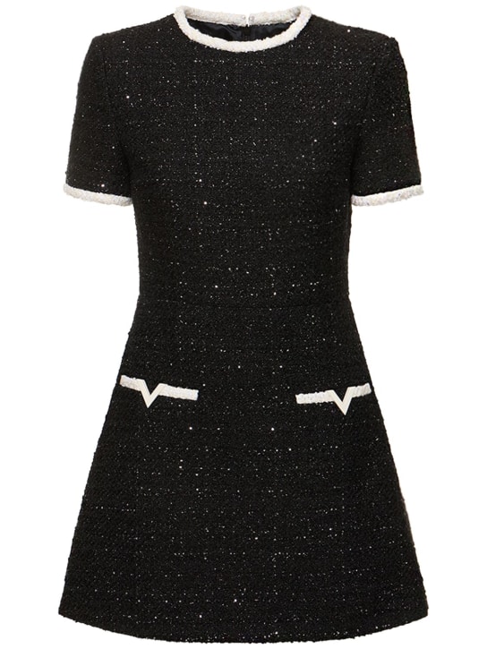 Valentino: Tweed lurex short sleeve mini dress - Black - women_0 | Luisa Via Roma