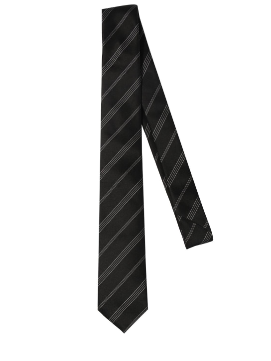 Saint Laurent: 5cm Double striped silk tie - Siyah/Bej - men_0 | Luisa Via Roma