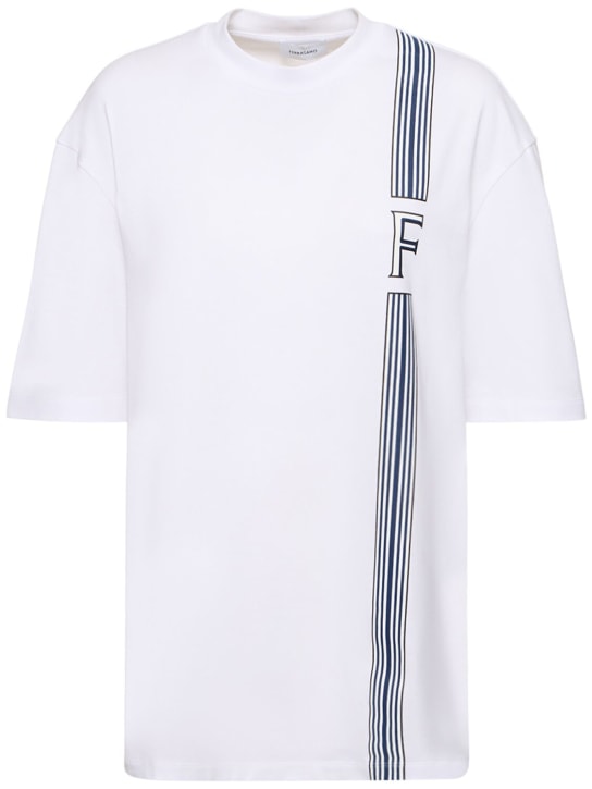 Ferragamo: Cotton jersey printed logo t-shirt - White/Midnight - men_0 | Luisa Via Roma
