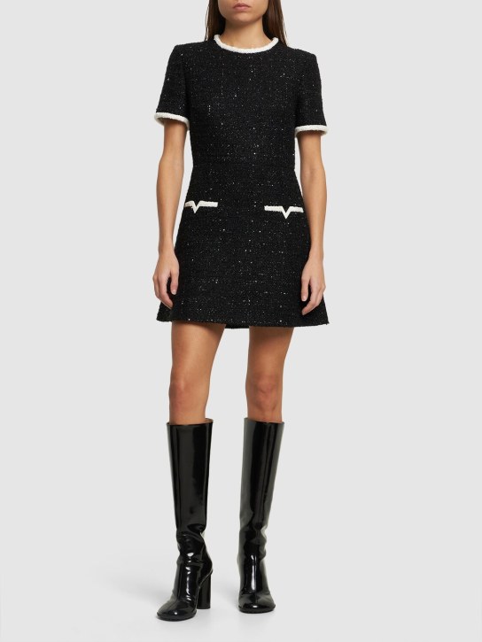 Valentino: Tweed lurex short sleeve mini dress - Black - women_1 | Luisa Via Roma