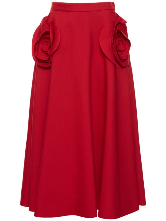 Valentino: 羊毛&真丝绉纱玫瑰装饰迷笛半身裙 - 红色 - women_0 | Luisa Via Roma