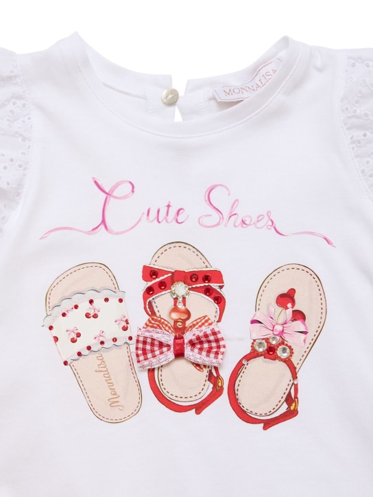 Monnalisa: T-shirt en dentelle et jersey de coton imprimé - Blanc - kids-girls_1 | Luisa Via Roma