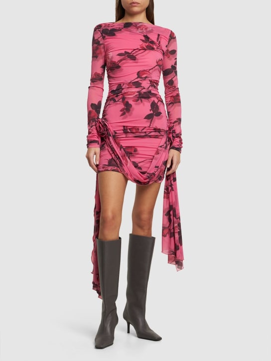 Blumarine: Rose printed draped jersey mini dress - Multi/Pink - women_1 | Luisa Via Roma