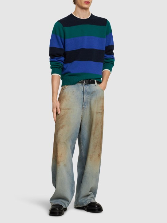 Guest In Residence: Striped cashmere crewneck sweater - Green/Blue - men_1 | Luisa Via Roma