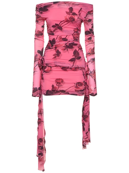 Blumarine: Rose printed draped jersey mini dress - Multi/Pink - women_0 | Luisa Via Roma