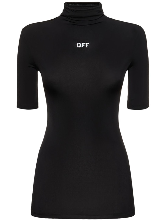 Off-White: Logo粘胶纤维混纺高领短袖上衣 - 黑色 - women_0 | Luisa Via Roma