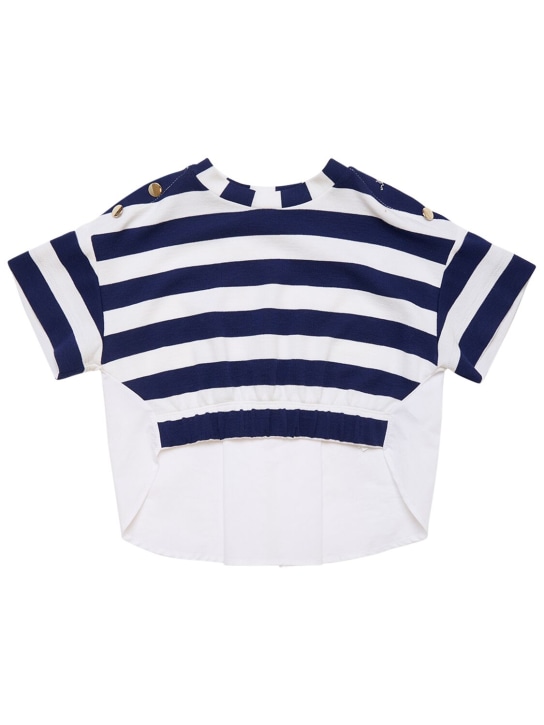 Monnalisa: Milan jersey & cotton poplin t-shirt - White/Navy - kids-girls_0 | Luisa Via Roma