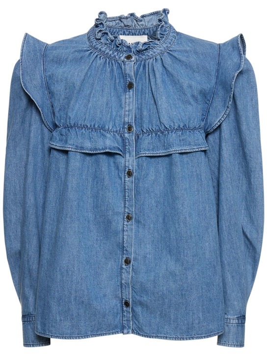 Marant Etoile: Idety cotton shirt w/ ruffles - Blue - women_0 | Luisa Via Roma