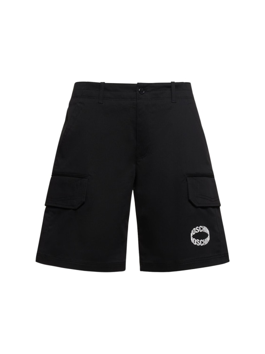 Moschino: Logo cotton gabardine cargo shorts - Siyah - men_0 | Luisa Via Roma
