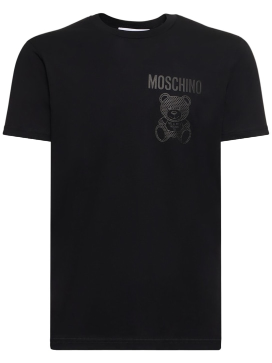 Moschino: Teddy print organic cotton t-shirt - Siyah - men_0 | Luisa Via Roma