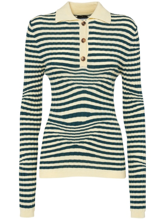 Etro: 条纹羊毛针织POLO衫 - 绿色/米黄色 - women_0 | Luisa Via Roma
