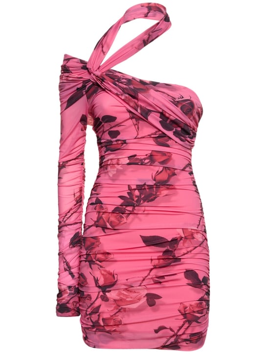 Blumarine: Rose print tech jersey mini dress - Multicolor - women_0 | Luisa Via Roma