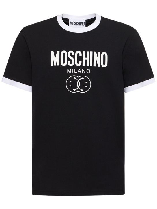 Moschino: T-shirt en jersey de coton stretch imprimé logo - Noir/Blanc - men_0 | Luisa Via Roma