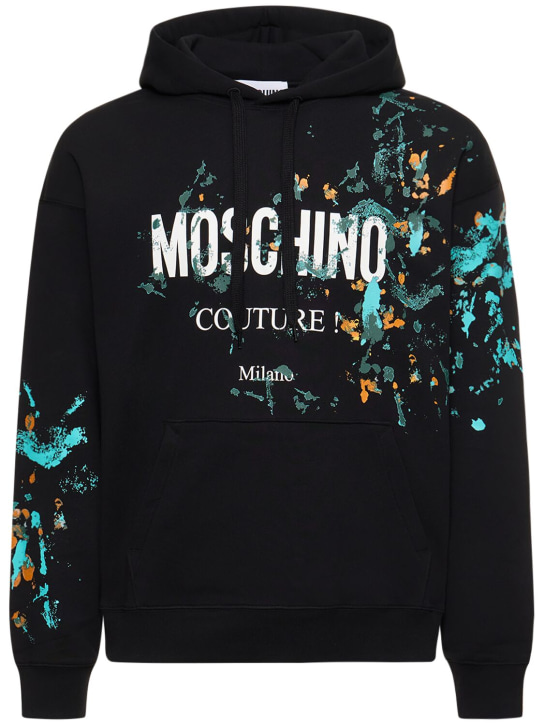 Moschino: Logo print organic cotton hoodie - Siyah - men_0 | Luisa Via Roma