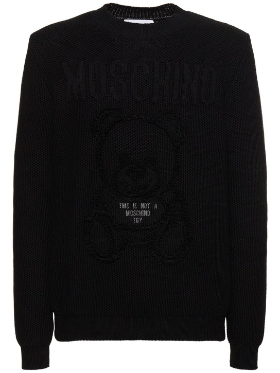 Moschino: Teddy print cotton knit sweater - Siyah - men_0 | Luisa Via Roma