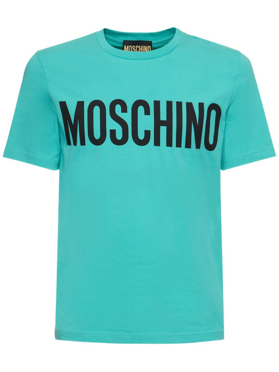 Moschino: Logo印花弹力棉质平纹针织T恤 - 蓝色 - men_0 | Luisa Via Roma
