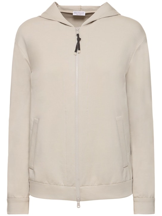 Brunello Cucinelli: Cotton jersey zip hoodie - Light Grey - women_0 | Luisa Via Roma