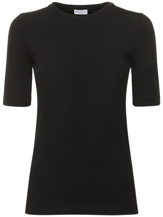 Brunello Cucinelli: T-shirt en jersey stretch - Noir - women_0 | Luisa Via Roma