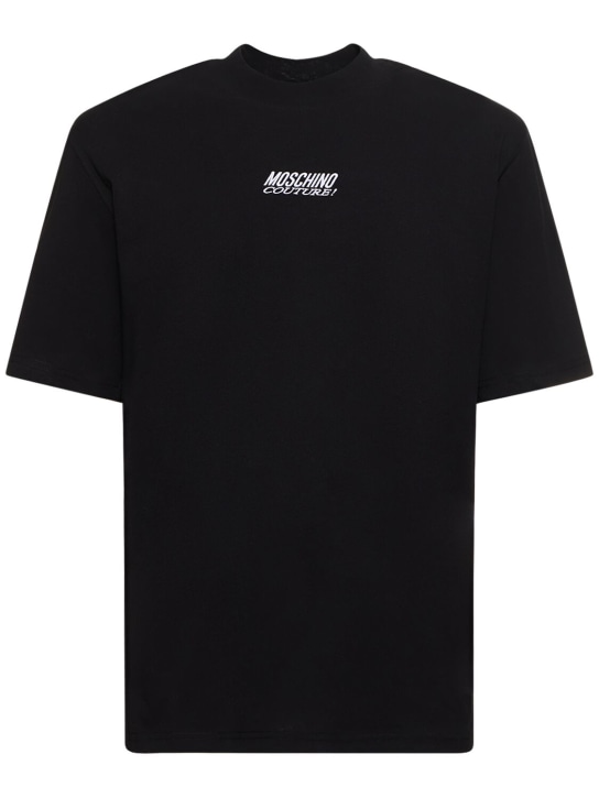 Moschino: Camiseta de jersey de algodón con logo bordado - Negro - men_0 | Luisa Via Roma