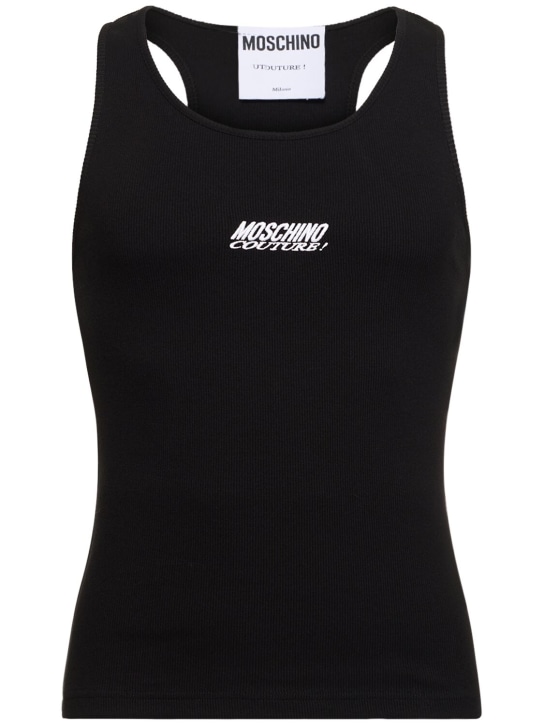 Moschino: Logo embroidery cotton rib tank top - Black - men_0 | Luisa Via Roma