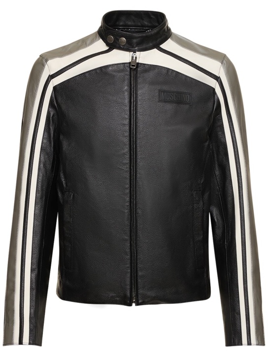 Moschino: Logo leather biker jacket - Black - men_0 | Luisa Via Roma