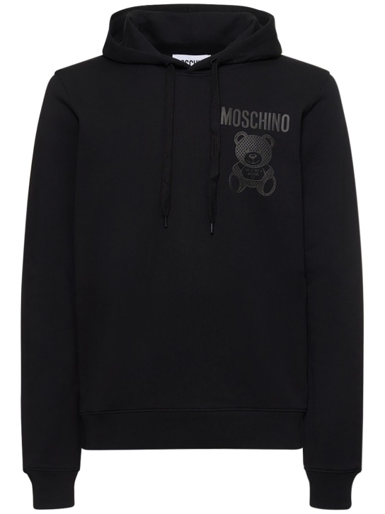 Moschino: 泰迪熊印花有机棉连帽卫衣 - 黑色 - men_0 | Luisa Via Roma