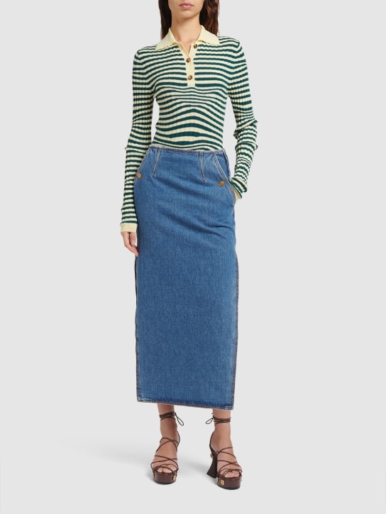 Etro: Striped wool knit polo sweater - Green/Beige - women_1 | Luisa Via Roma