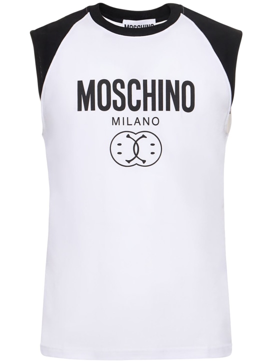 Moschino: Logo印花棉质平纹针织背心 - 白色/黑色 - men_0 | Luisa Via Roma