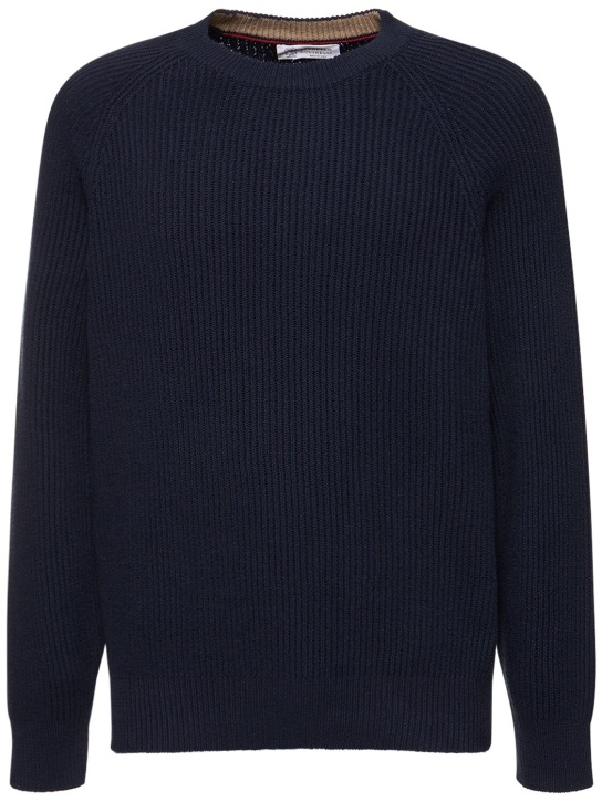 Brunello Cucinelli: Cotton knit crewneck sweater - Navy - men_0 | Luisa Via Roma