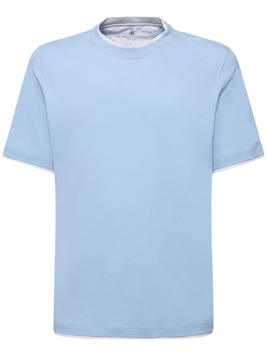 Brunello Cucinelli: Layered cotton jersey solid t-shirt - Turkuaz - men_0 | Luisa Via Roma