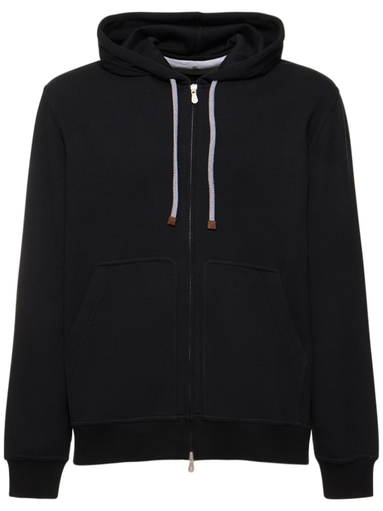Brunello Cucinelli: Cotton blend zipped hoodie - Siyah - men_0 | Luisa Via Roma
