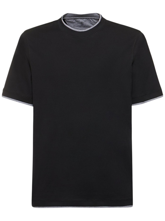 Brunello Cucinelli: Layered cotton jersey solid t-shirt - Black - men_0 | Luisa Via Roma