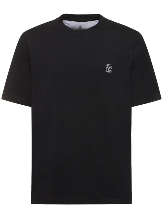 Brunello Cucinelli: T-Shirt aus Baumwolljersey mit Logo - Schwarz - men_0 | Luisa Via Roma