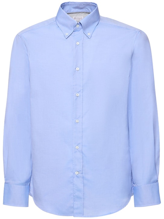 Brunello Cucinelli: Hemd aus Baumwolltwill Mit Knopfkragen - Blau - men_0 | Luisa Via Roma