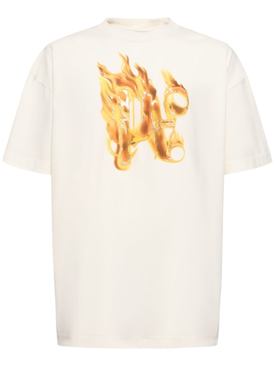 Palm Angels: T-shirt en coton à monogramme - Blanc/Or - men_0 | Luisa Via Roma