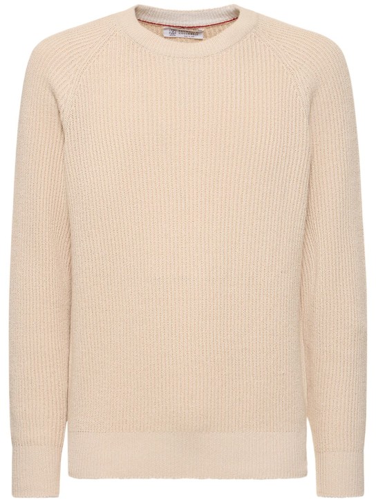 Brunello Cucinelli: Cotton knit crewneck sweater - Corda - men_0 | Luisa Via Roma