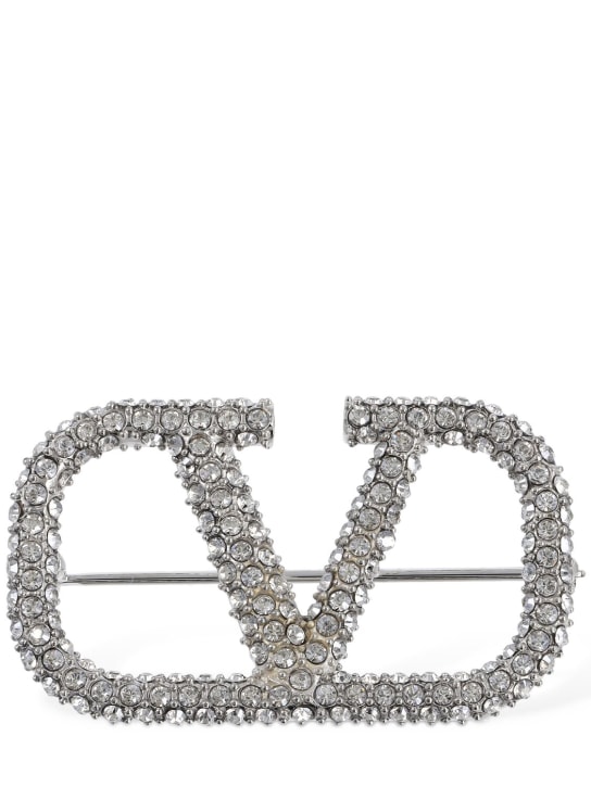 Valentino Garavani: V logo signature strass brooch - Silver - women_0 | Luisa Via Roma