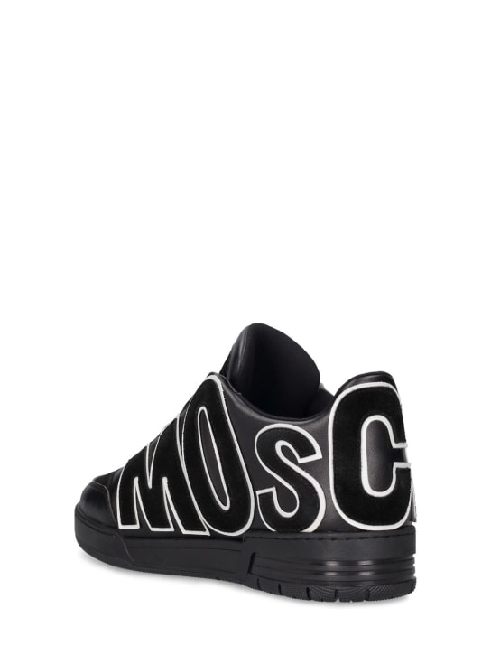 Moschino: Logo leather mid top sneakers - Black/White - men_3 | Luisa Via Roma