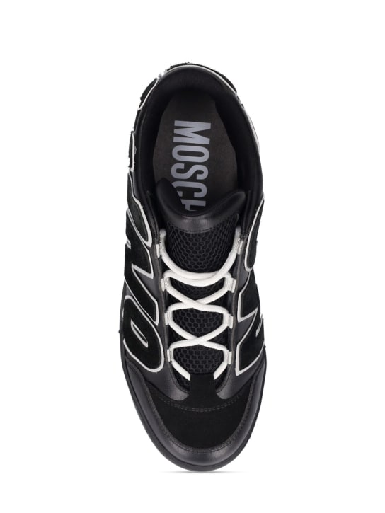 Moschino: Logo leather mid top sneakers - Black/White - men_5 | Luisa Via Roma