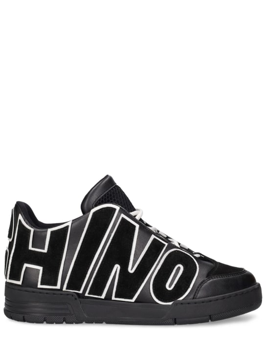 Moschino: Sneakers mid top in pelle con logo - Nero/Bianco - men_0 | Luisa Via Roma