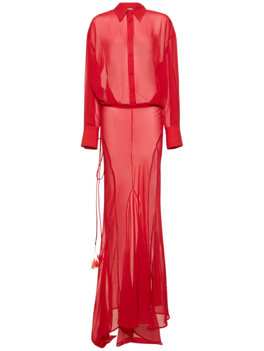 The Attico: Georgette long sleeve maxi shirt dress - Red - women_0 | Luisa Via Roma