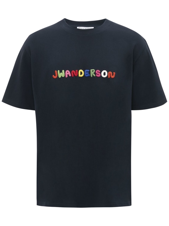 JW Anderson: Camiseta de algodón con logo bordado - Azul Marino - women_0 | Luisa Via Roma