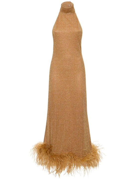 Oséree Swimwear: Lumière lurex long dress w/ feathers - Altın Rengi - women_0 | Luisa Via Roma