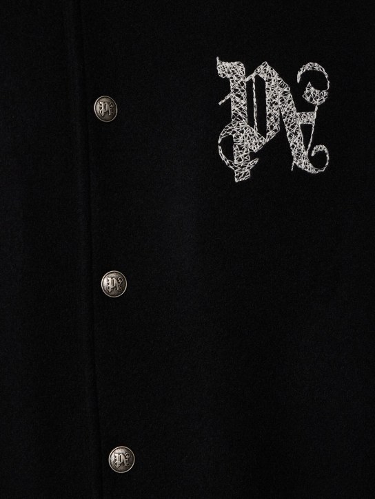 Palm Angels: Monogram wool blend varsity jacket - Black - men_1 | Luisa Via Roma