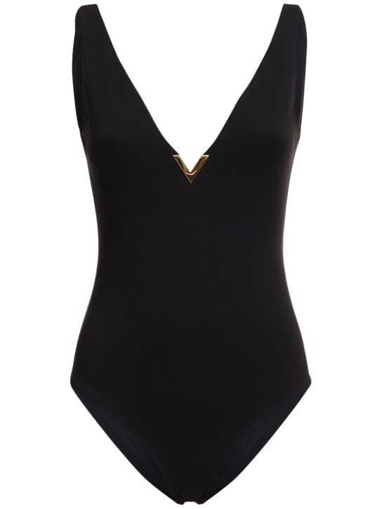 Valentino: Lycra v-neck logo one piece swimsuit - Black - women_0 | Luisa Via Roma