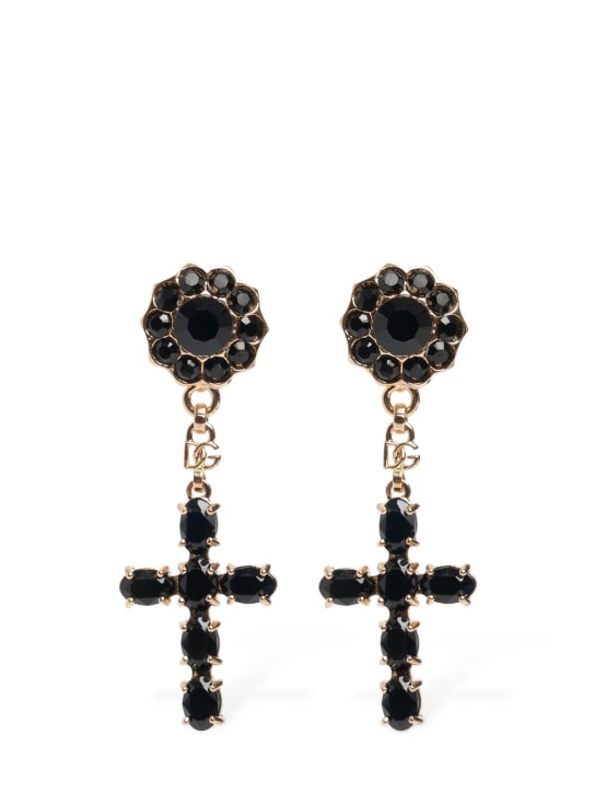 Dolce&Gabbana: Plated cross pendant earrings - Siyah/Altın - women_0 | Luisa Via Roma