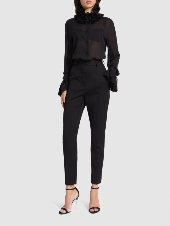Dolce&Gabbana: Wool gabardine cigarette tuxedo pants - Black - women_1 | Luisa Via Roma