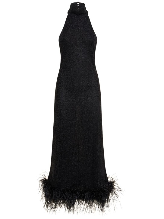 Oséree Swimwear: Lumière lurex long dress w/ feathers - Siyah - women_0 | Luisa Via Roma